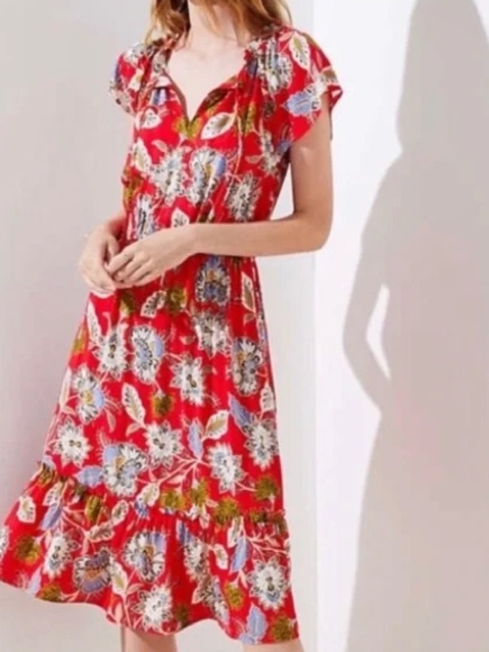 LOFT Red Tropical Floral Flutter-Sleeve Midi Dress. Size Small petite